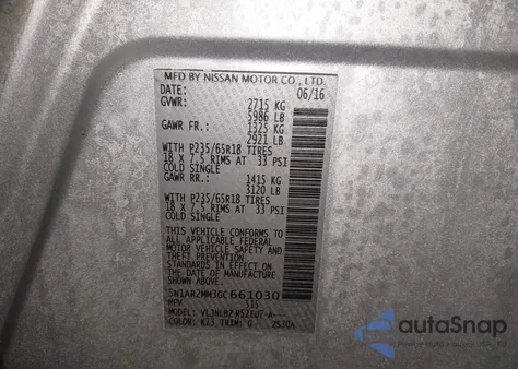 2016 Nissan Pathfinder S z USA, uszkodzony, nr VIN 5N1AR2MM3GC661030